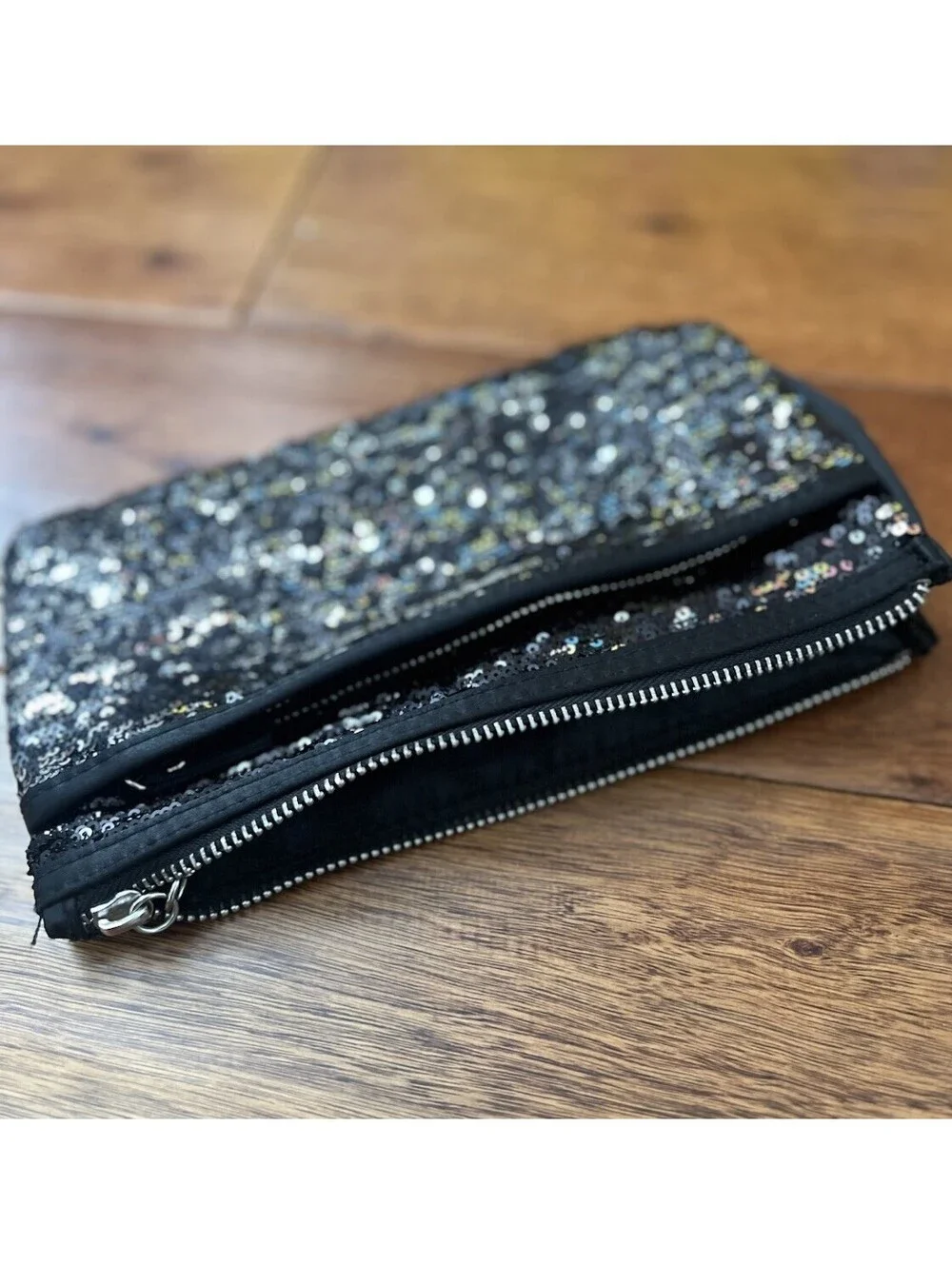 Victoria's Secret Black Silver Sequin Zipper Pouch Clutch Bag VS Logo Charm